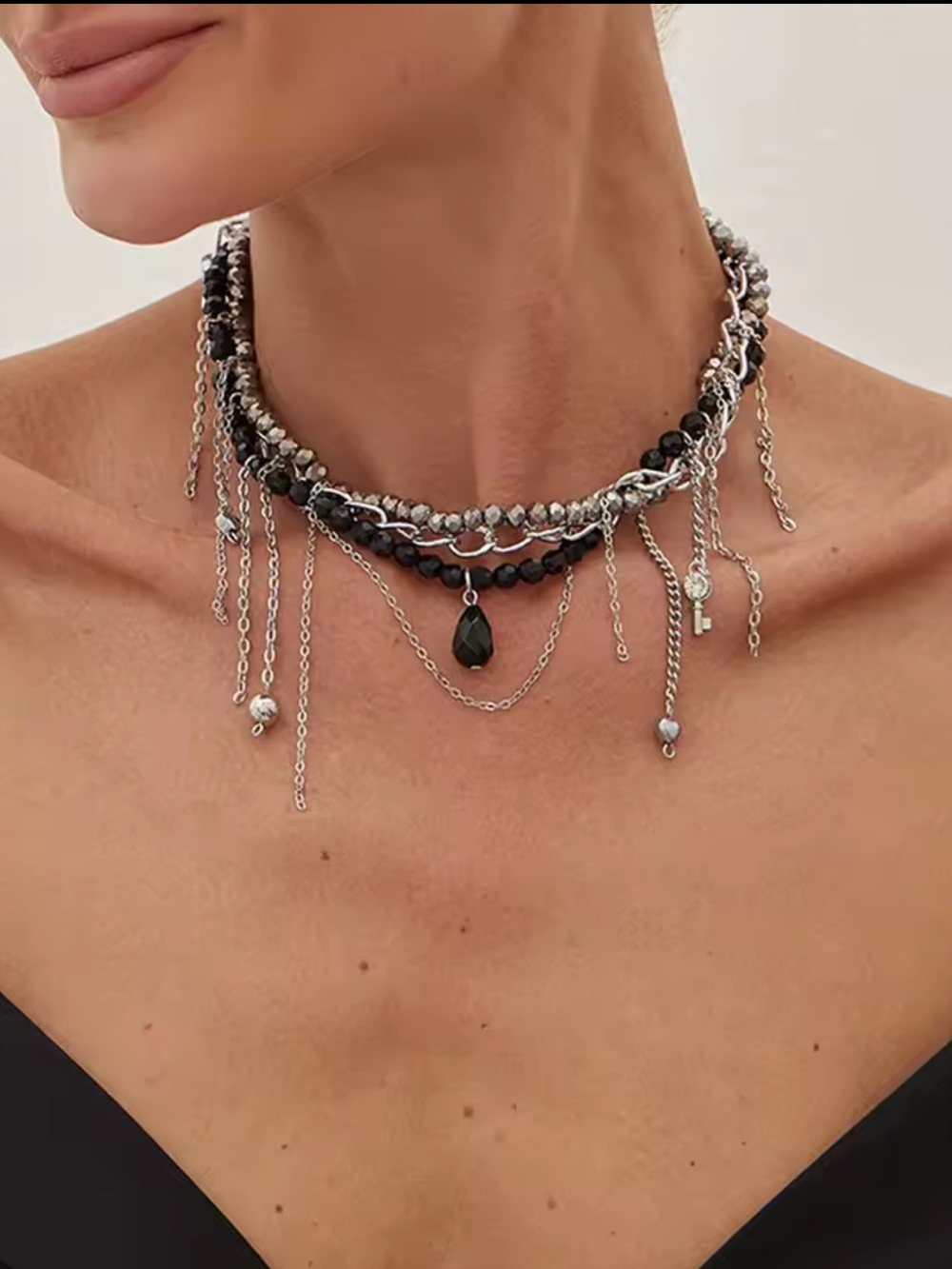 Trendy Black Silver Layered Fringe Choker Necklace